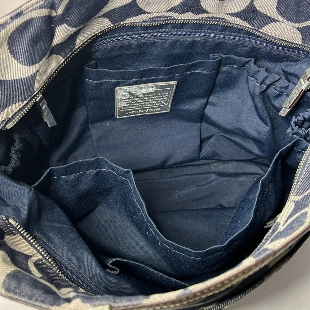 Coach XL Denim Blue and Silver Leather Zip Top Diaper Tote Travel Bag